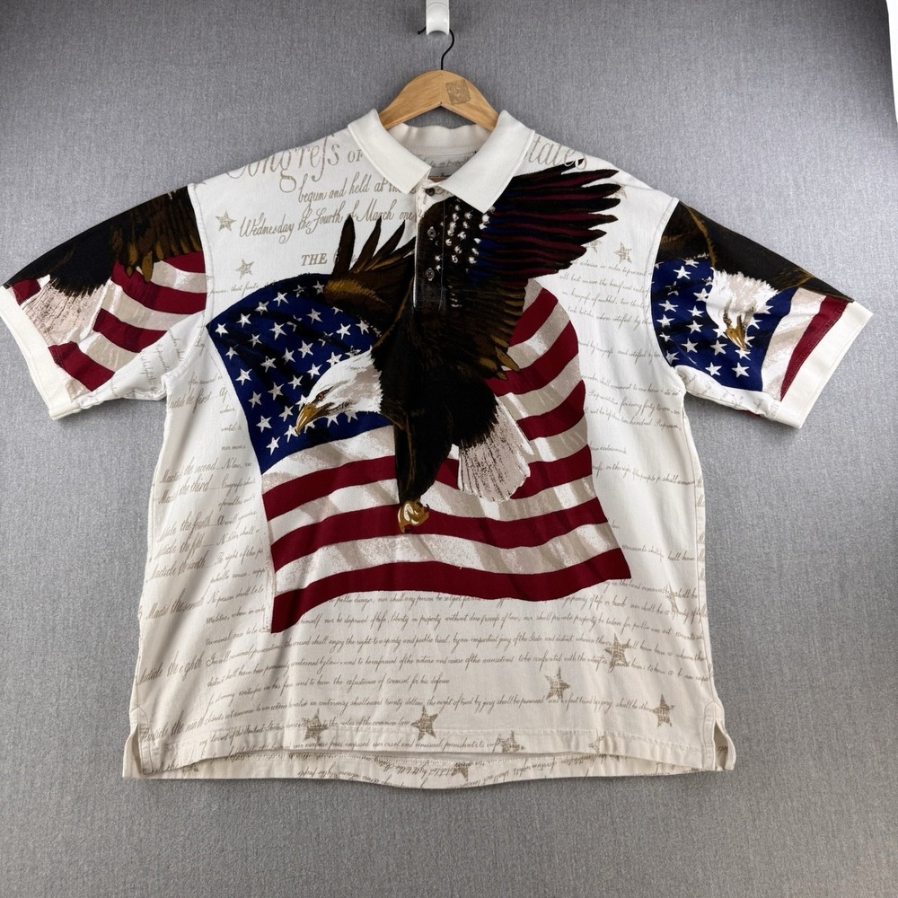 American Summer Polo Shirt Men's XL White Eagle Flag Patriotic Graphic Cotton